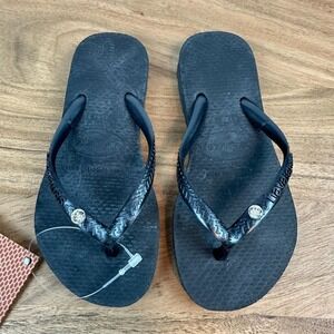 New Little Kids Childrens Havaianas Black Bejeweled Sandals Flip Flops 11/12 C